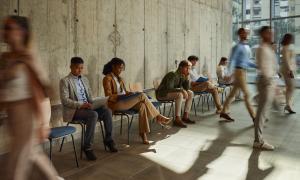 a row of professionally dressed applicants seated and standing near a concrete wall