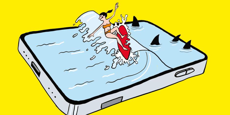 Cartoon of woman surfing away from sharks within the frame of a smartphone