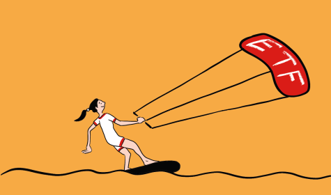 drawing of a person kiteboarding with a kite that says "ETF" on it