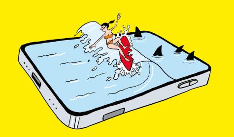 Cartoon of woman surfing away from sharks within the frame of a smartphone