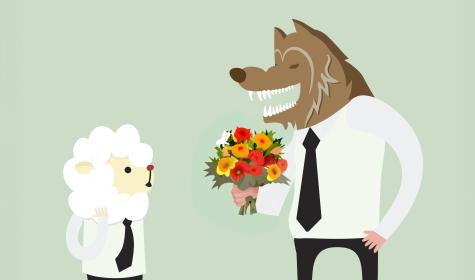 wolf presenting flowers to a sheep at work