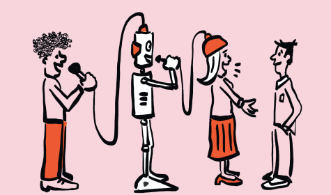 A game of "telephone", where a speaker tells a robot what to say and that robot tells a new speaker what to say